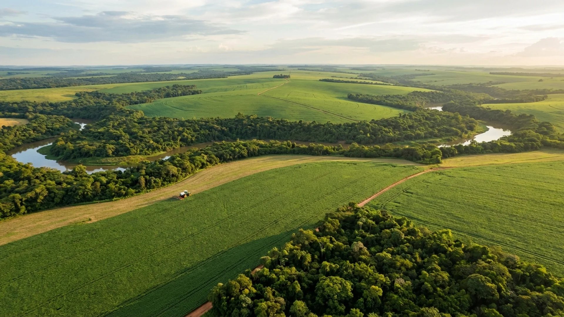 Vale rural com pastagens e araucárias ao entardecer no sul do Brasil